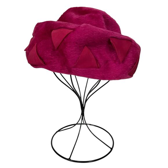 Vintage Gwen Pennington Hat Pink Faux Fur Fluffy Pillbox w/ Triangular Details - Picture 9 of 12